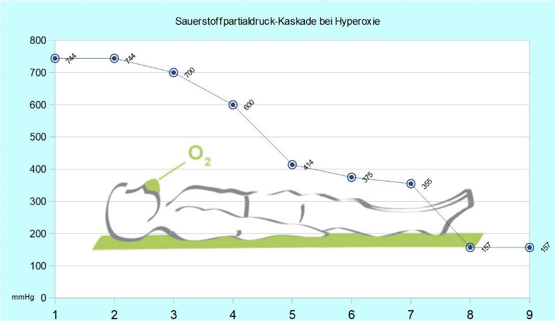 Sauerstoffpartialdruck-Kaskade bei Inhalation von 100 % Sauerstoff