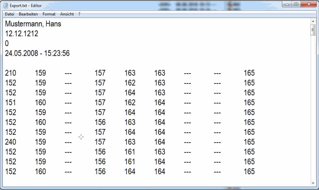 tcpO2-Auswertungssoftware: Rohdaten